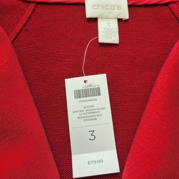 Chico's Open Drape Red Coat With Knitted Sleeves/Back Chico's Size 3 (XL) NWT - Picture 7 of 12